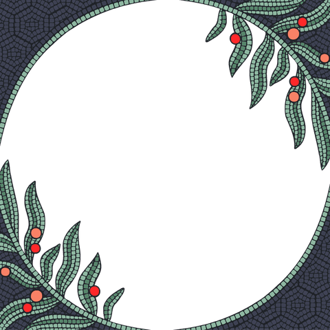 Transparent geometric mosaic circle with green leaves and red berries