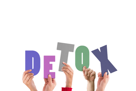 Hands Holding Colorful 'Detox' Letters on Transparent Background