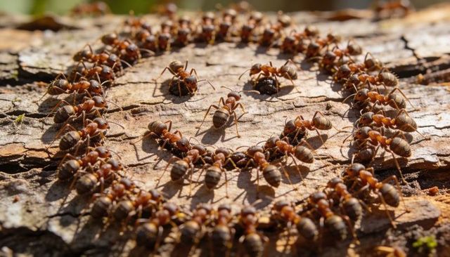 Reddish-brown ants forming concentric ring on sunlit tree bark closeup of colony behavior