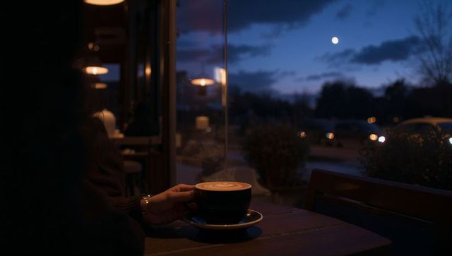 Holding Cup of Latte with Heart Latte Art by Cafe Window at Blue Hour