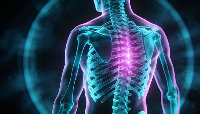 Holographic Posterior Spine Visualization Highlighting Thoracic Vertebrae Glow for Diagnostics