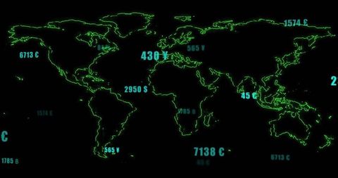 Neon digital world map showing currency values and futuristic financial data hud dashboard