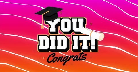 You did it! congrats graduation banner with diploma, mortarboard on vibrant gradient