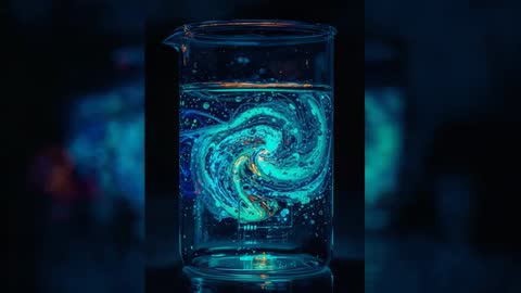 Looping neon vortex inside transparent beaker, glowing cyan spiral laboratory video