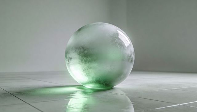 Glowing frosted glass sphere casting soft green reflections on tiled floor