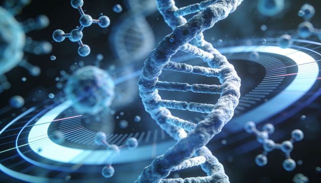 Rotating dna helix in futuristic holographic lab with hud rings and molecular models