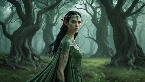 Ethereal elf in enchanted forest with mystical aura