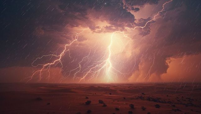 Dramatic lightning storm over desert landscape