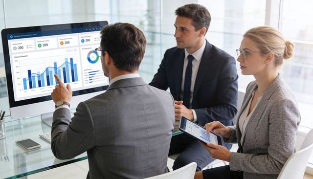Business team analyzing financial dashboard on desktop and tablet in glass office