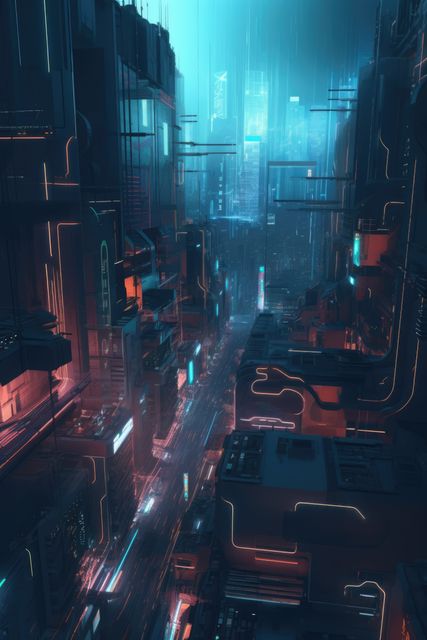 Street view with futuristic buildings at night in cityscape, created using generative ai technology. Sci fi, cyberpunk, fantasy architecture and futuristic city concept digitally generated image.