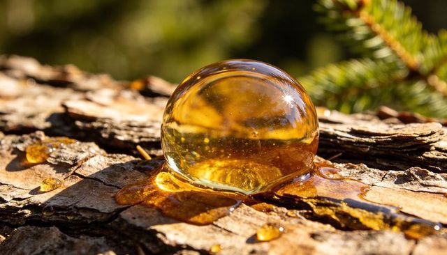 Glowing golden amber resin droplet forming glossy dome on sunlit pine bark