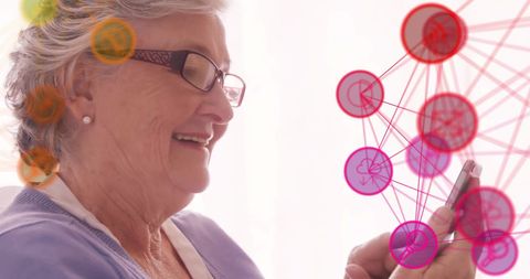Senior Woman Embracing Technology with Global Network Connections Overlay