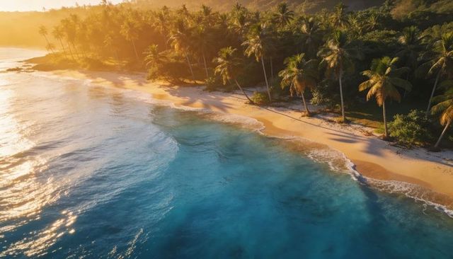 Golden sunrise over turquoise tropical beach lined with palm trees and lush vegetation