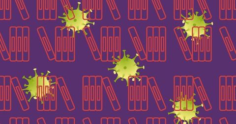 Abstract Virus and Book Pattern Design on Purple Backdrop