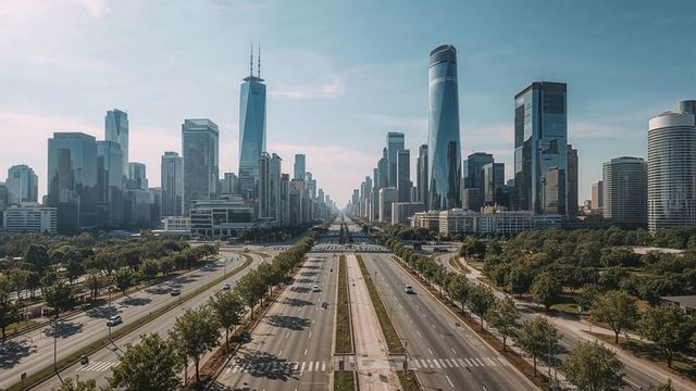 Urban boulevard with skyscrapers in financial district cityscape