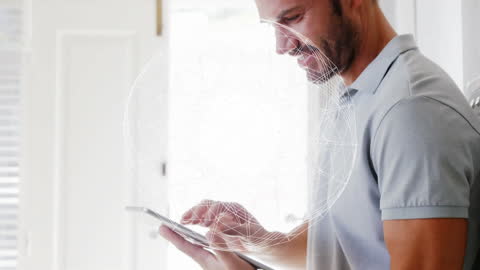 Man Engaging with Digital Tablet Featuring Futuristic Network Globe