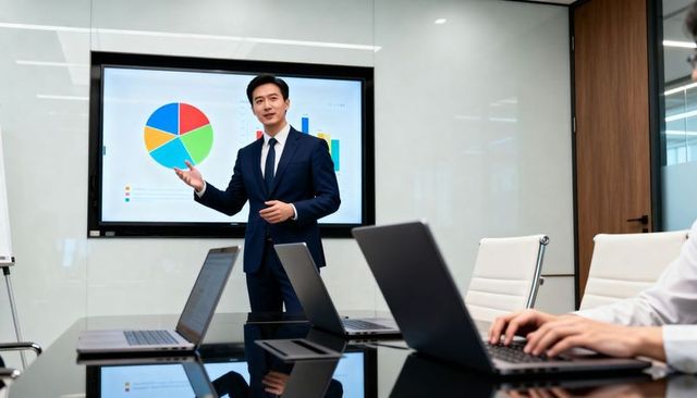 Presenting executive leading data-driven presentation with colorful pie and bar charts