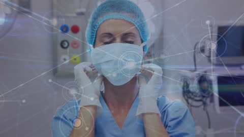 Doctor Wearing Mask with Digital Health Network Concept Overlay