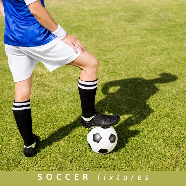Composition of soccer fixtures text with caucasian football player with football on pitch. Football, sports and competition concept.