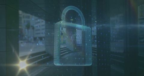 Digital padlock symbolizing cybersecurity in urban technology network