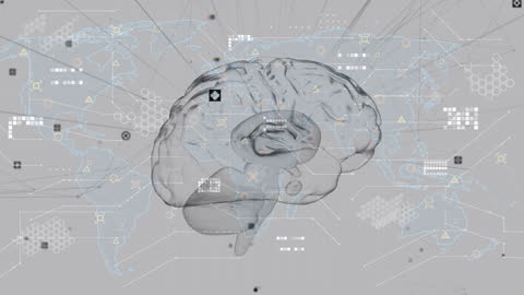 Digital Brain Animation Over World Map with Technology Icons
