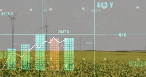 Renewable energy analytics with wind farm in blooming field