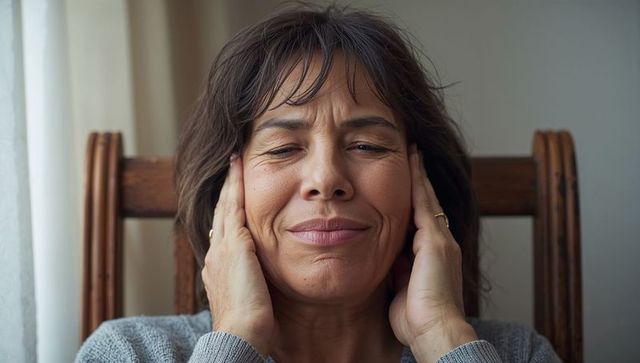 Mature woman touching temples and relaxing by window in light grey knit sweater