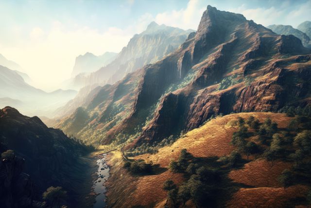 Rendering features majestic elevated terrain with rugged mountains and lush green hills. River winds through valley, reflecting light of bright sky, evoking tranquility. Ideal for use in travel brochures, nature documentaries, adventure tourism advertising, hiking blogs, and promoting outdoor recreational activities.