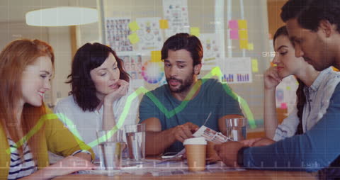 Diverse Team Analyzing Financial Data Across Overlay Green