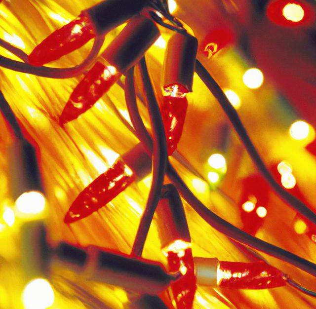 A detailed close-up of colorful red and yellow string lights. Perfect for use in holiday-themed designs, festive social media graphics, party invitations, Christmas decor inspiration, and promotion of events that require a warm and inviting atmosphere.