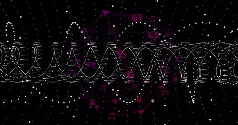 Abstract Digital Network with Binary Sine Wave and Magenta Icons