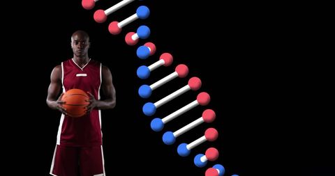 Basketball player with dna strand signifying sports genetics