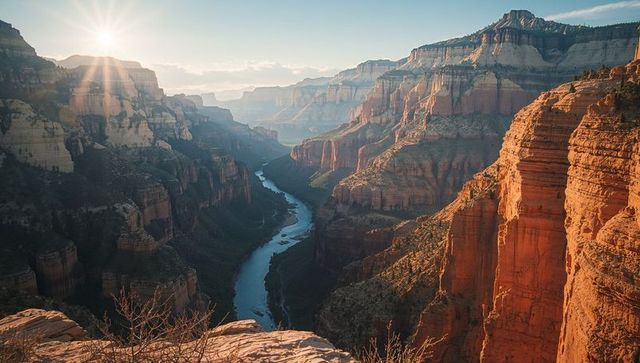 Sunrise over majestic grand canyon with snaking river view