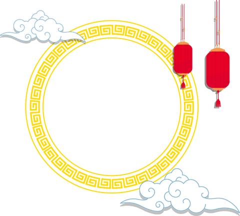 Golden chinese ornamental frame with lanterns and clouds on transparent background