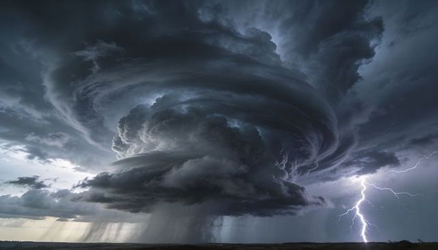 Rotating supercell thunderstorm forming dramatic wall cloud and bolt of lightning over prairie