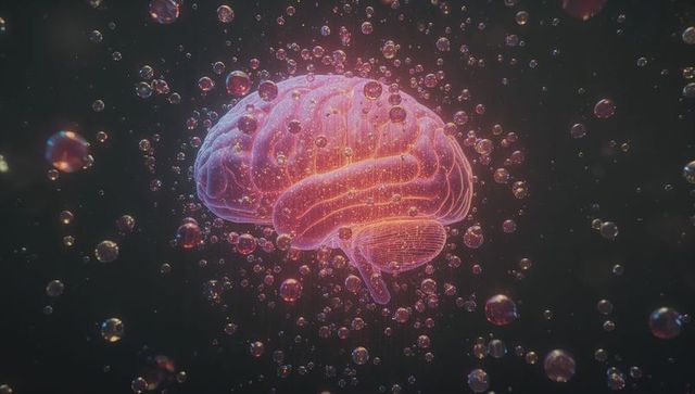 Futuristic neon brain model with grid overlay in virtual space