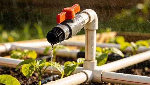Dripping pvc irrigation valve watering young vegetable seedlings in raised planter bed