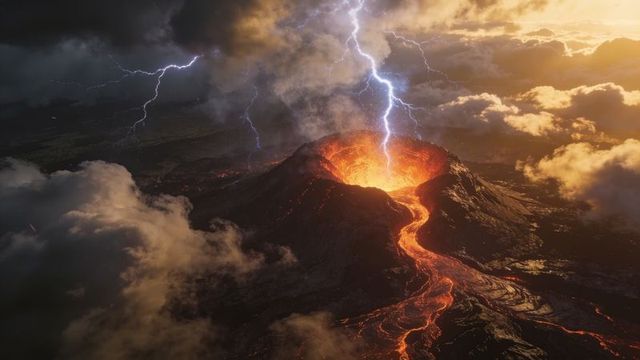 Erupting volcano struck by lightning with molten lava river and stormy cloudscape