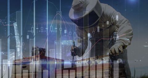 Beekeeper with data overlay against urban skyline