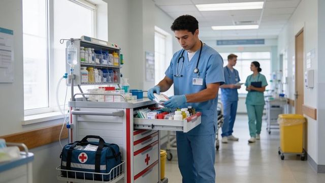 Male clinician sorting medications from emergency crash cart with iv pole in hospital hallway