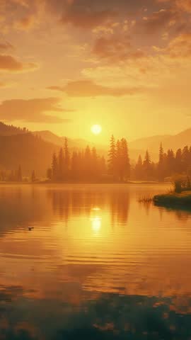 Vertical sunset lake video showing golden sunlight reflecting across calm water with bird gliding
