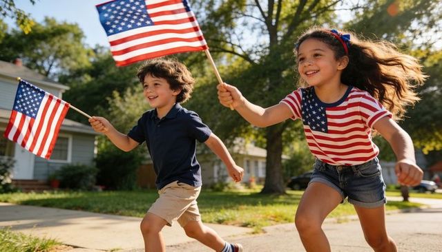 Children running with american flags on suburban sidewalk celebrating patriotic spirit