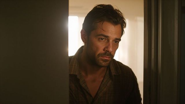Pensive man in dim doorway with backlit rim light and cinematic mood