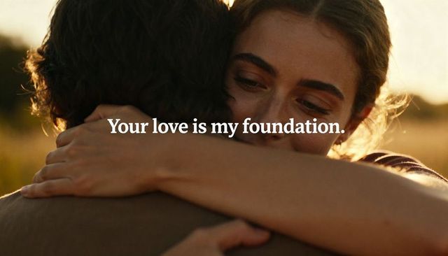 Young couple embracing at sunset with tender expression and romantic text overlay