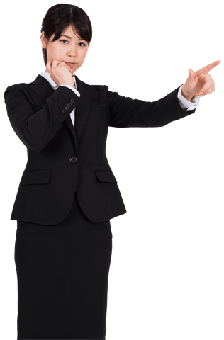 Asian businesswoman in formal suit confidently pointing - transparent