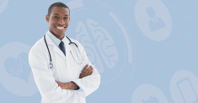 This image depicts a confident male doctor dressed in a white coat and a stethoscope, smiling warmly against a blue background with medical icons. Useful for promoting healthcare services, medical websites, brochures, and advertisements focusing on professional medical care and confidence in healthcare providers.