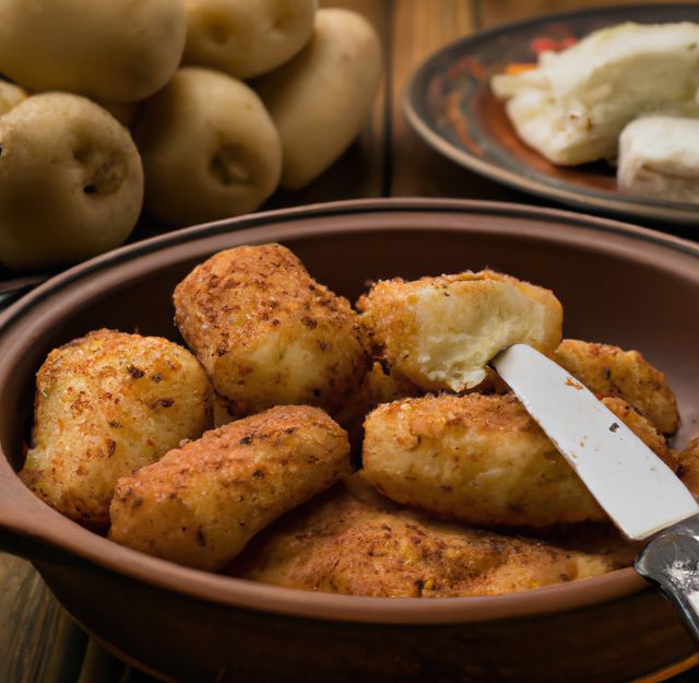 Homemade crispy potato croquettes in a brown ceramic bowl with a knife, green peppers, and sliced potatoes in the background. Ideal for food blogs, recipe websites, cooking videos, and restaurant menus showcasing comfort food.