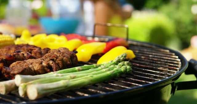 This shows various vegetables and meat grilling on barbecue in a sunny backyard. It suggests lively summer parties, and outdoor gatherings. Perfect for use in blogs or advertisements related to healthy recipes, grilling tips, summer activities, or backyard parties.