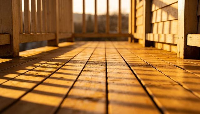 Sunlit Wooden Porch Floorboards Casting Long Shadow Stripes at Golden Hour