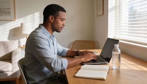 Black man working at home desk with laptop and notebook by sunny window, modern remote work